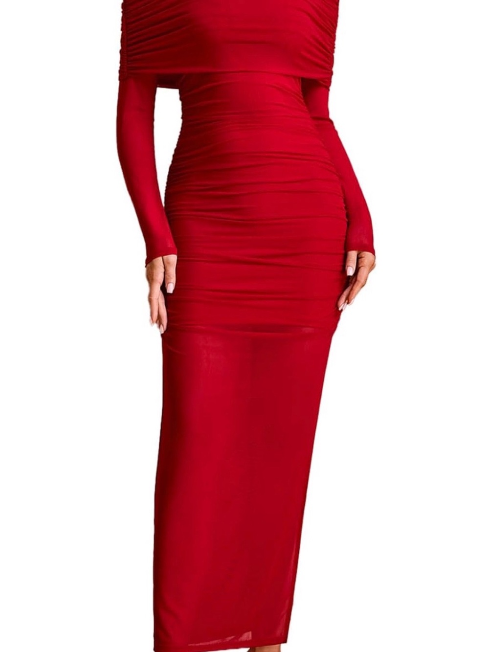 Elegant Red Long-Sleeve Ruched Maxi Dress